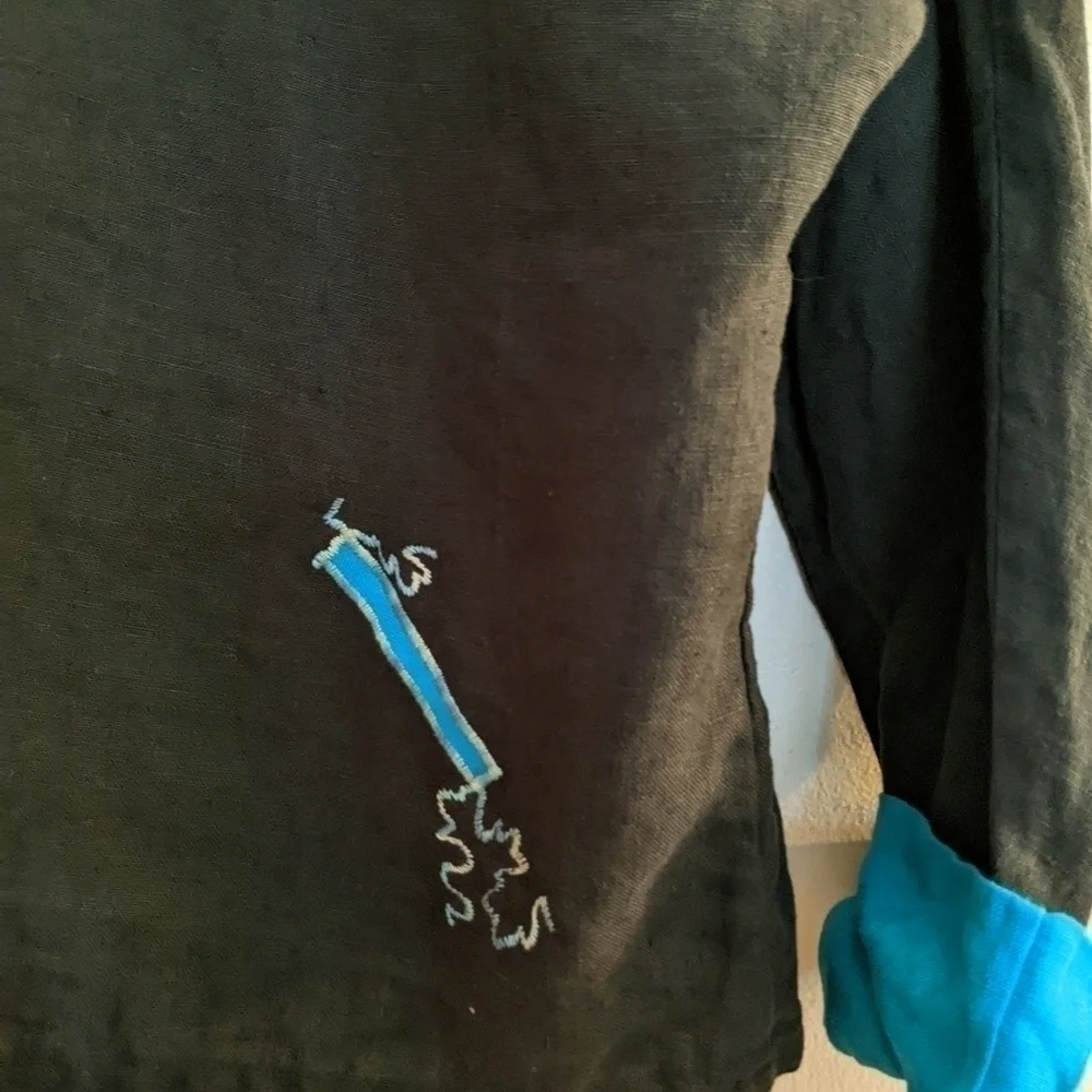 Vintage 80s/90s Embroidered Jacket Black and Turquoise Large